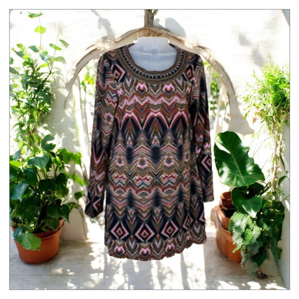 Papillon Fall Colors Print Embroidered Sweater Dress -Gorgeous-EUC-SzM 🍂